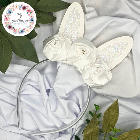 White Floral Easter Bunny Ears Headband