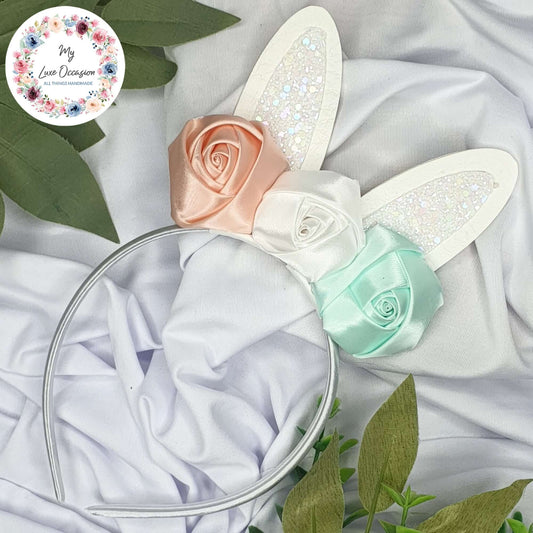 Peach, White and Mint Floral Easter Bunny Ears Headband
