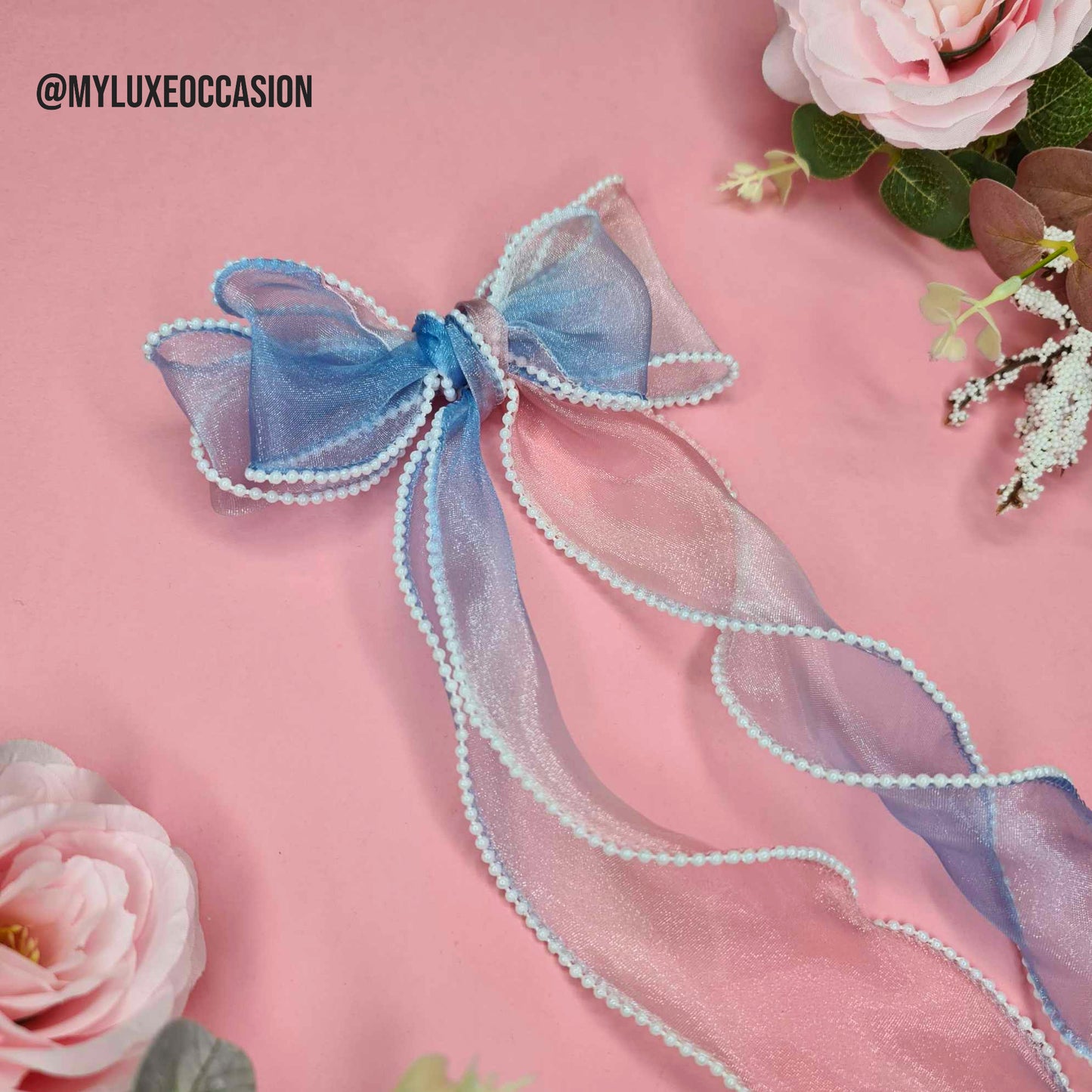Blue and Pink Pearl Edge Bow