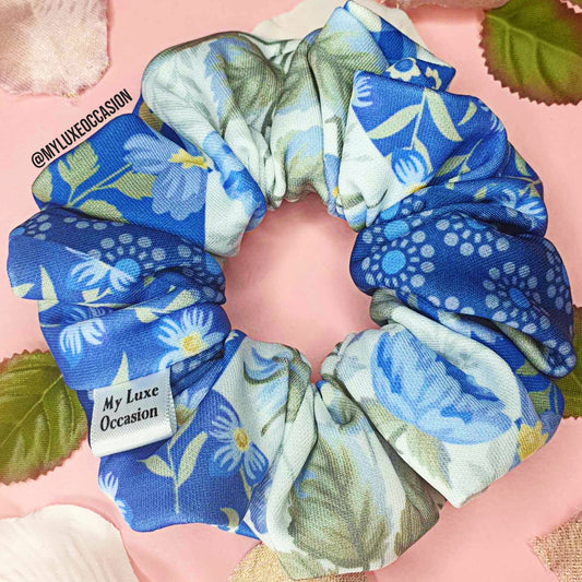 Blue and White Floral Scrunchie
