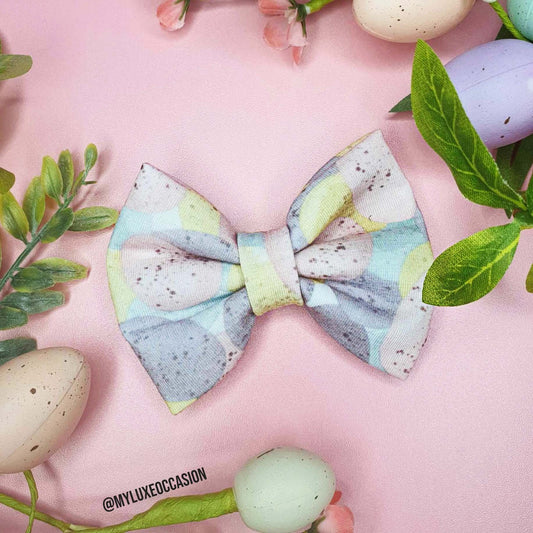Easter Pastel Speckled Egg Print Fabric Bow- For Hair and Dog Collars