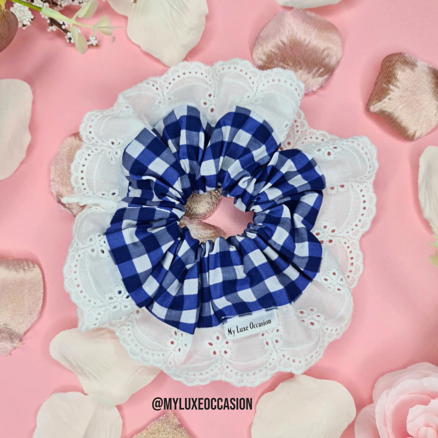 French Navy School Frilly Gingham Scrunchie