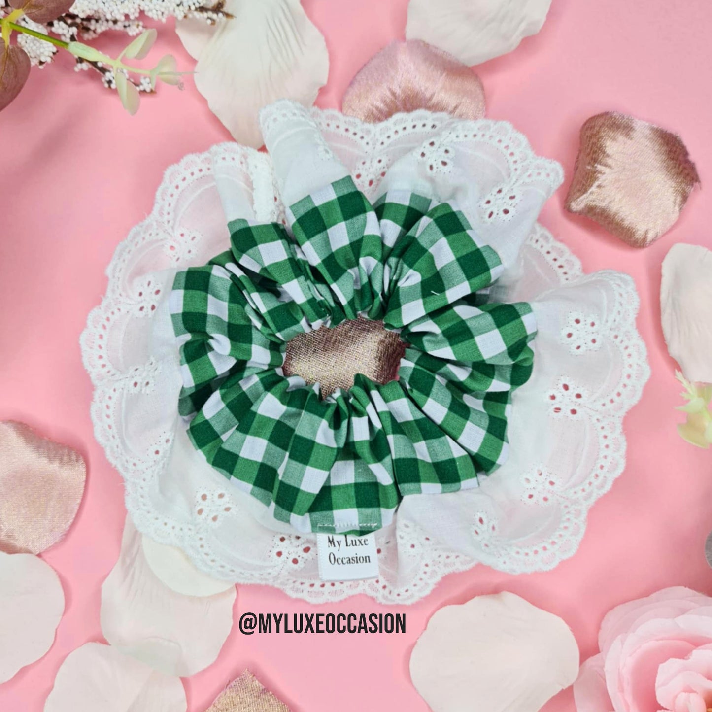 Green School Frilly Gingham Scrunchie