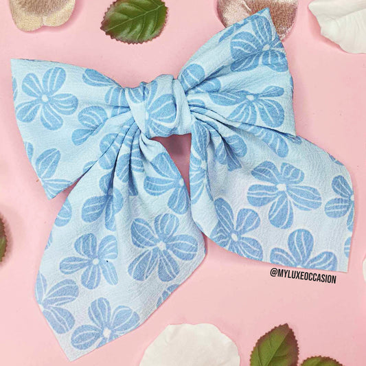 Light Blue Floral Bow with Barrette Clip