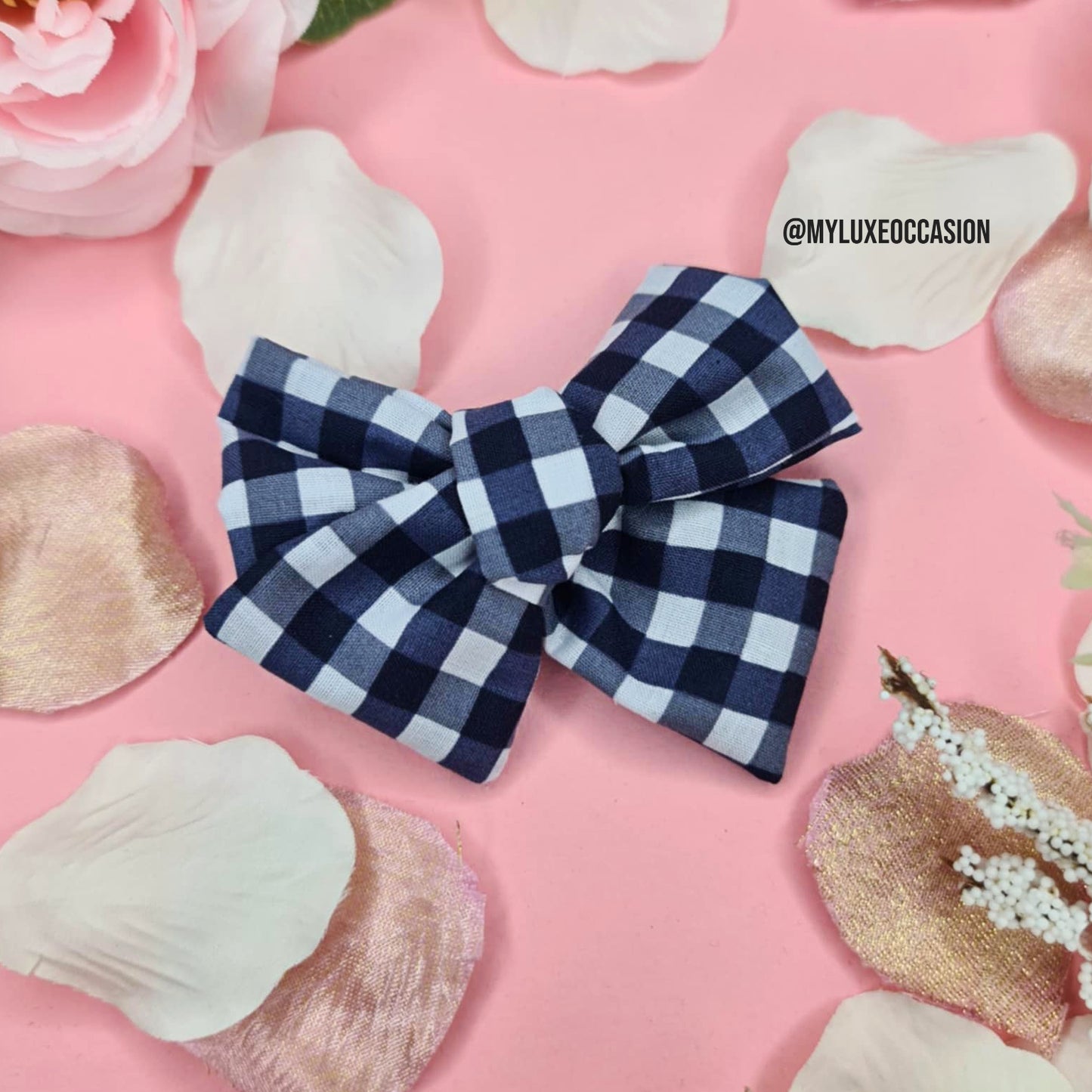 Navy School Gingham Hair Bow