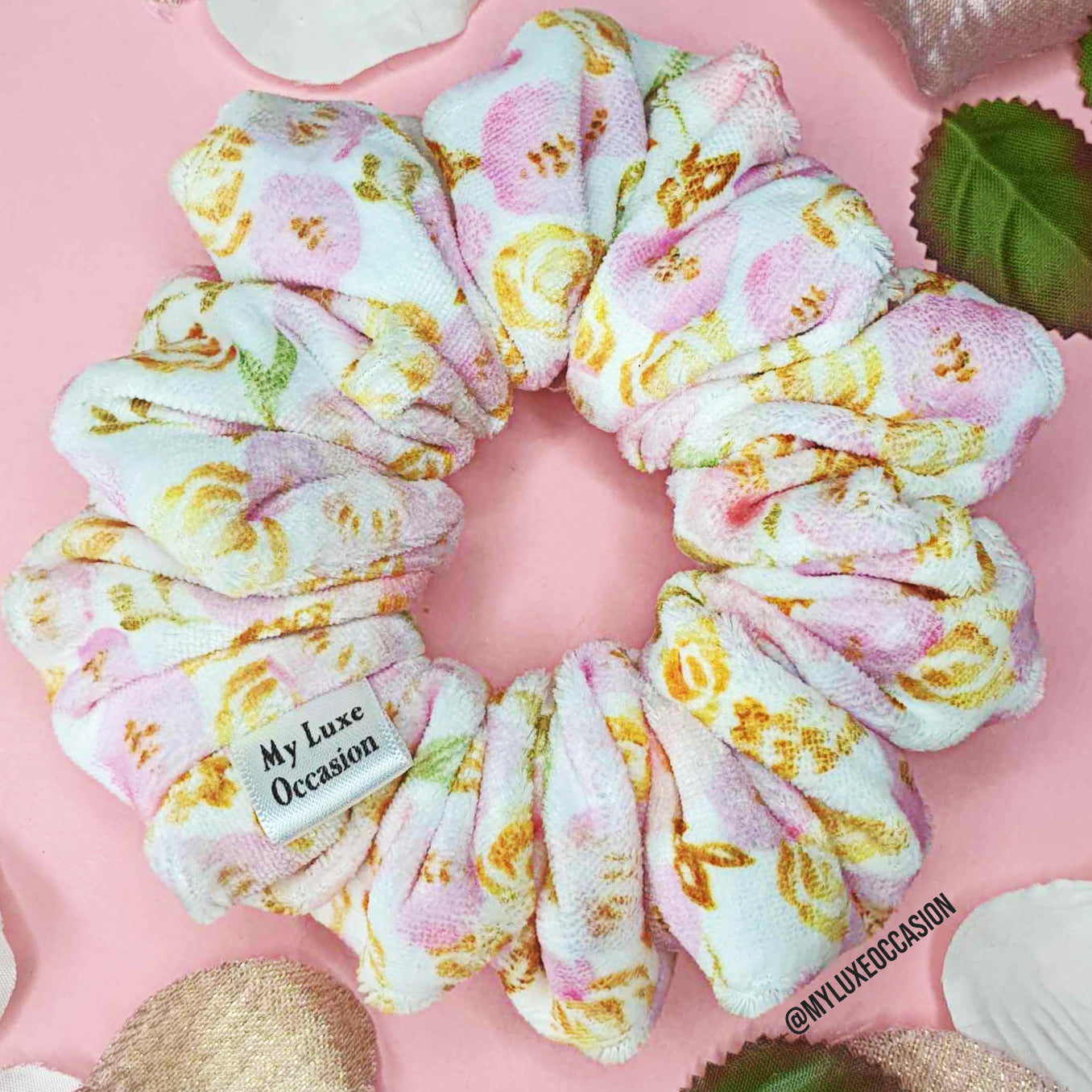 Pink and Gold Rose White Velvet Scrunchie