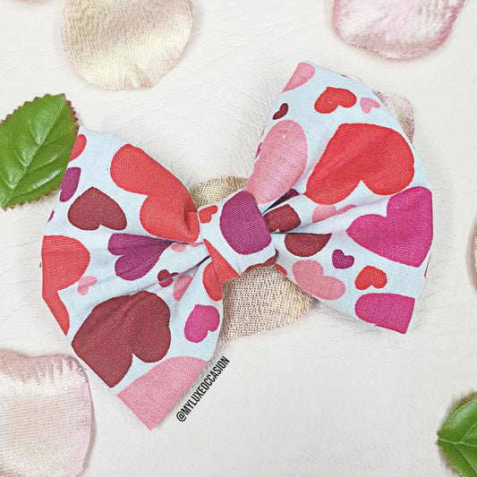 multi hearts fabric bow for hair and dogs handmade by myluxeoccasion