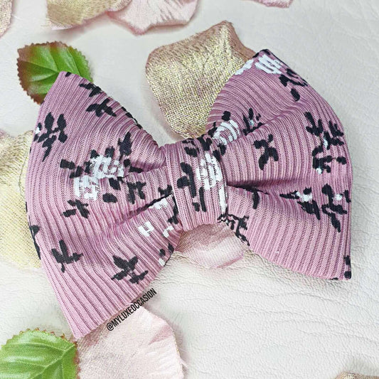 Pink and Black Floral Ribbed Fabric Bow- For Hair and Dog Collars
