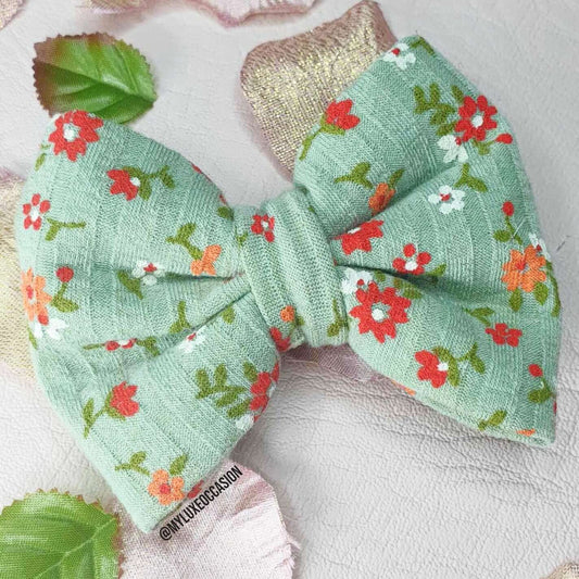Sage Green Floral Ribbed Fabric Bow- For Hair and Dog Collars