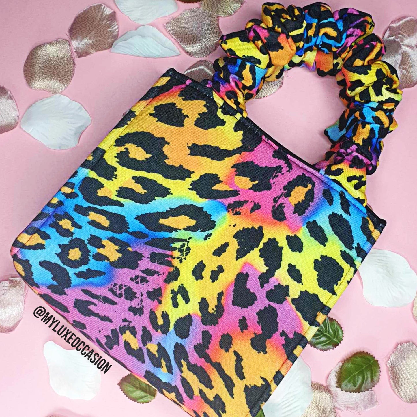 Multi Colour Leopard Print Bag with Scrunchie Handles