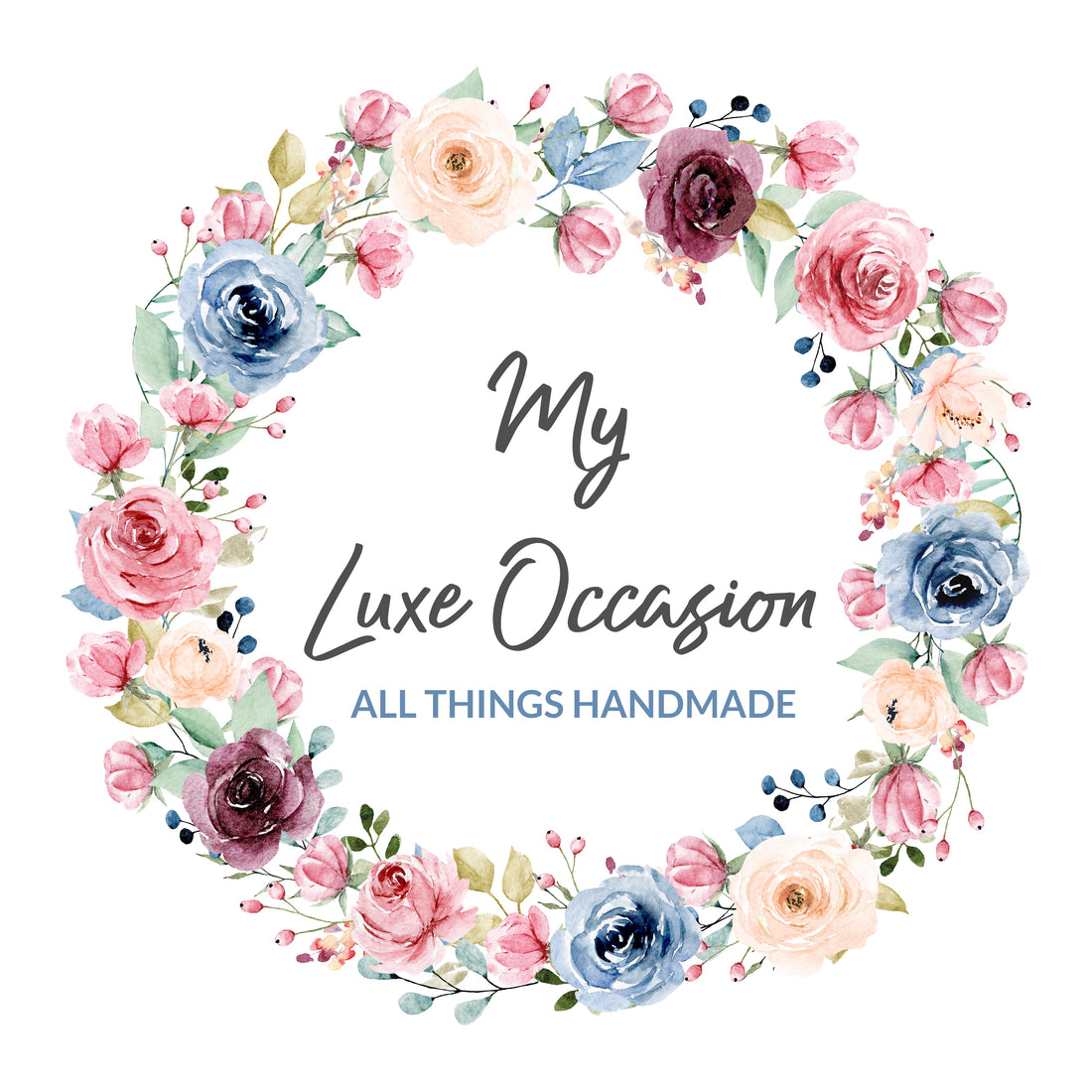 MyLuxeOccasion logo featuring a floral wreath surrounding the word My Luxe Occasion all things handmade