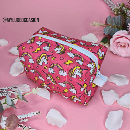 Coral Unicorn - Quilted Makeup/ Toiletry Bag