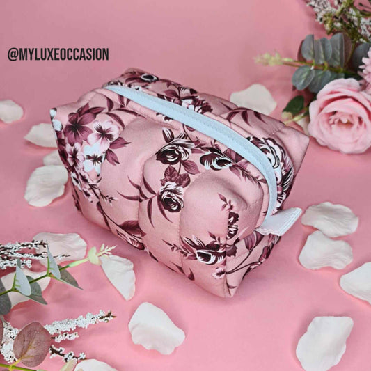 Pink Florals - Quilted Makeup/ Toiletry Bag