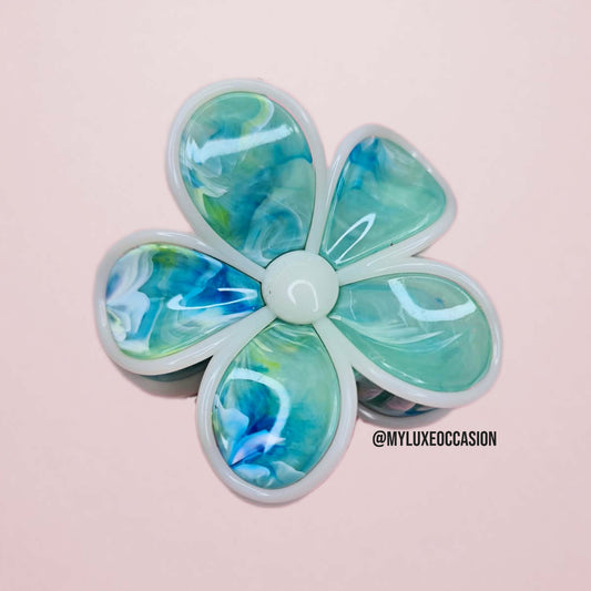 Green Blue Marble Large Flower Hair Claw Clips