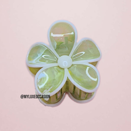 Lime Green Marble Large Flower Hair Claw Clips