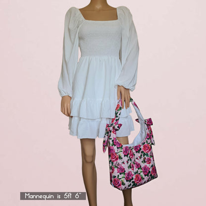 Quilted Slouchy Bow Bag - Pink Roses Shoulder Bag