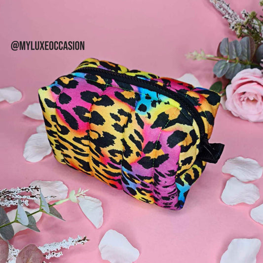 Multi Colour Leopard Print - Quilted Makeup/ Toiletry Bag