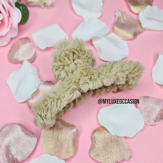 Beige Plush hair Claw Clip