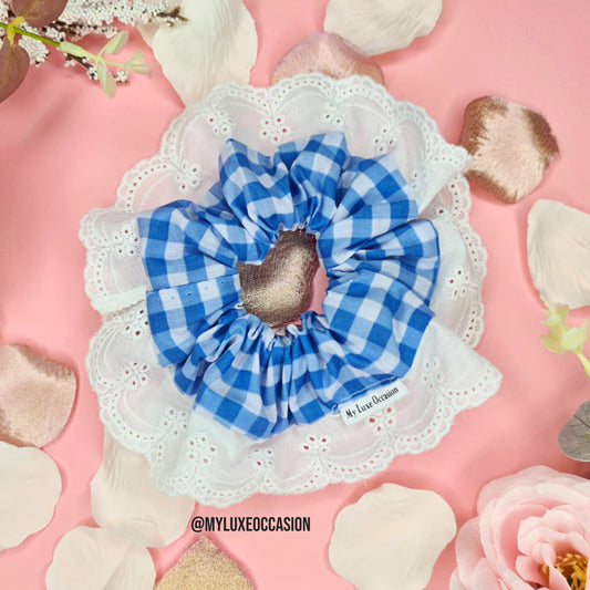 Blue School Frilly Gingham Scrunchie