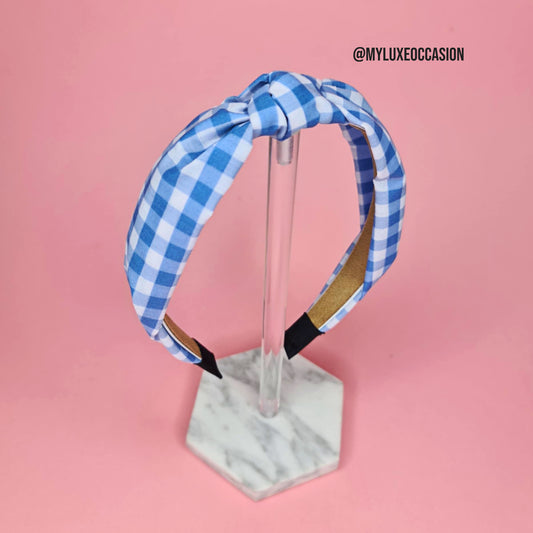 Blue School Gingham Knotted Headband