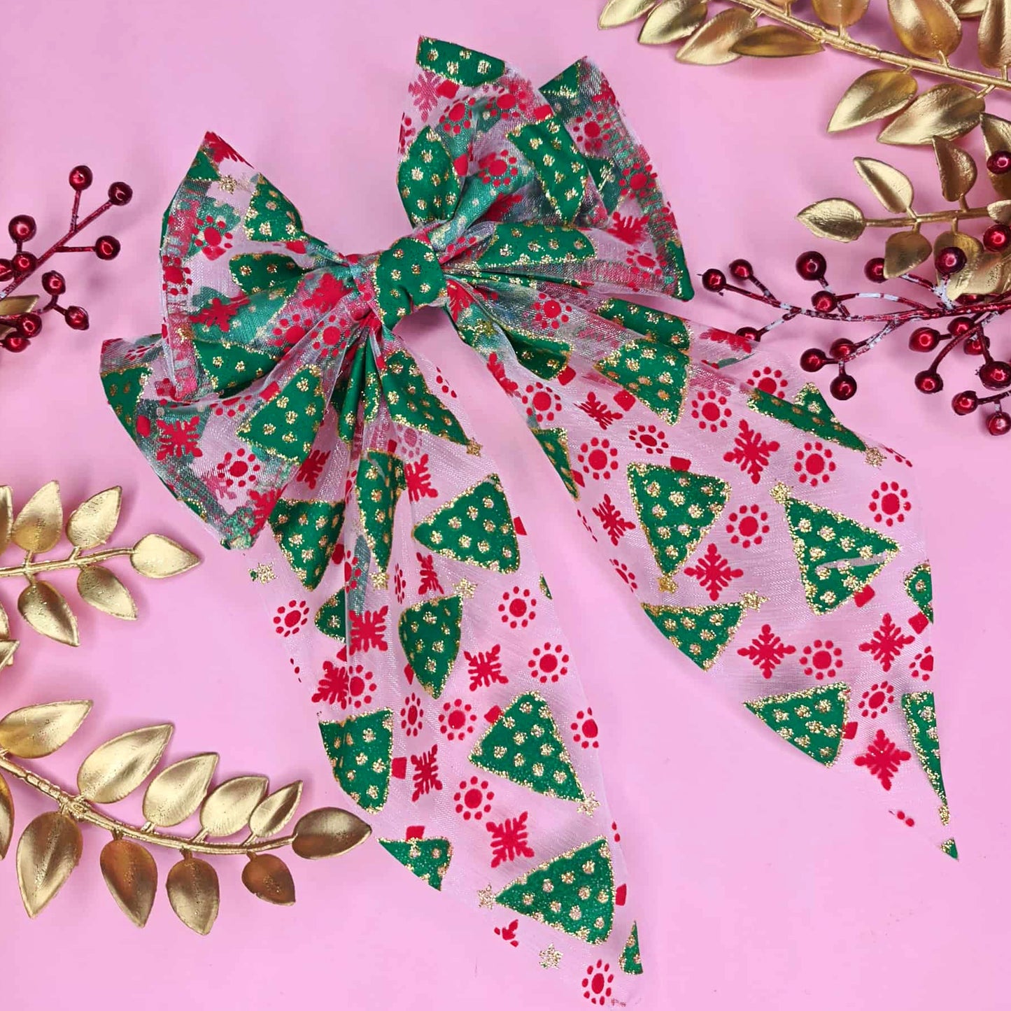 Christmas Tree Organza Hair Bow