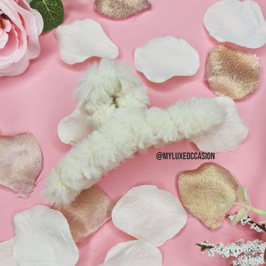 Cream Large Plush Hair Claw Clips