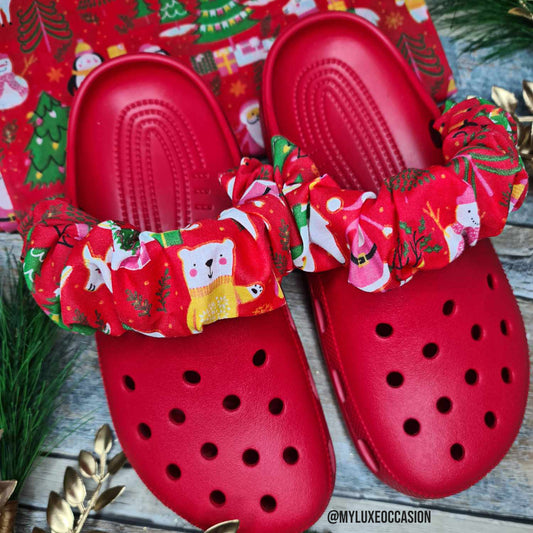 Festive Santa Penguin Llama Snowman Christmas Print - Red - Cronchies - Scrunchies for your shoes - Strap Covers (Copy)