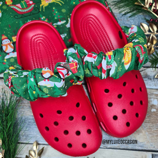 Festive Santa Penguin Llama Snowman Christmas Print - Green - Cronchies - Scrunchies for your shoes - Strap Covers