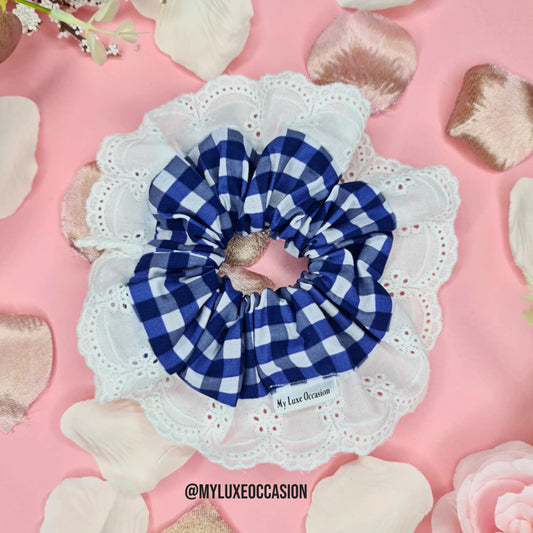 French Navy School Frilly Gingham Scrunchie
