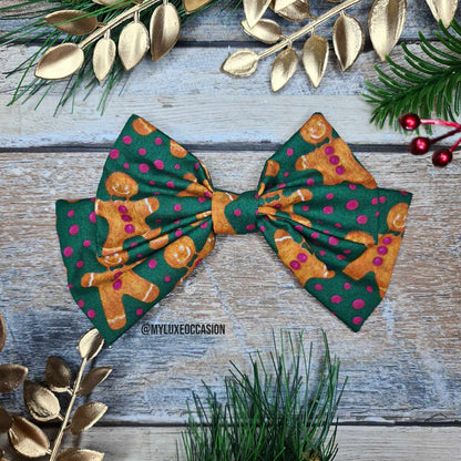 Gingerbread Man - Green - Fabric Bow - Christmas