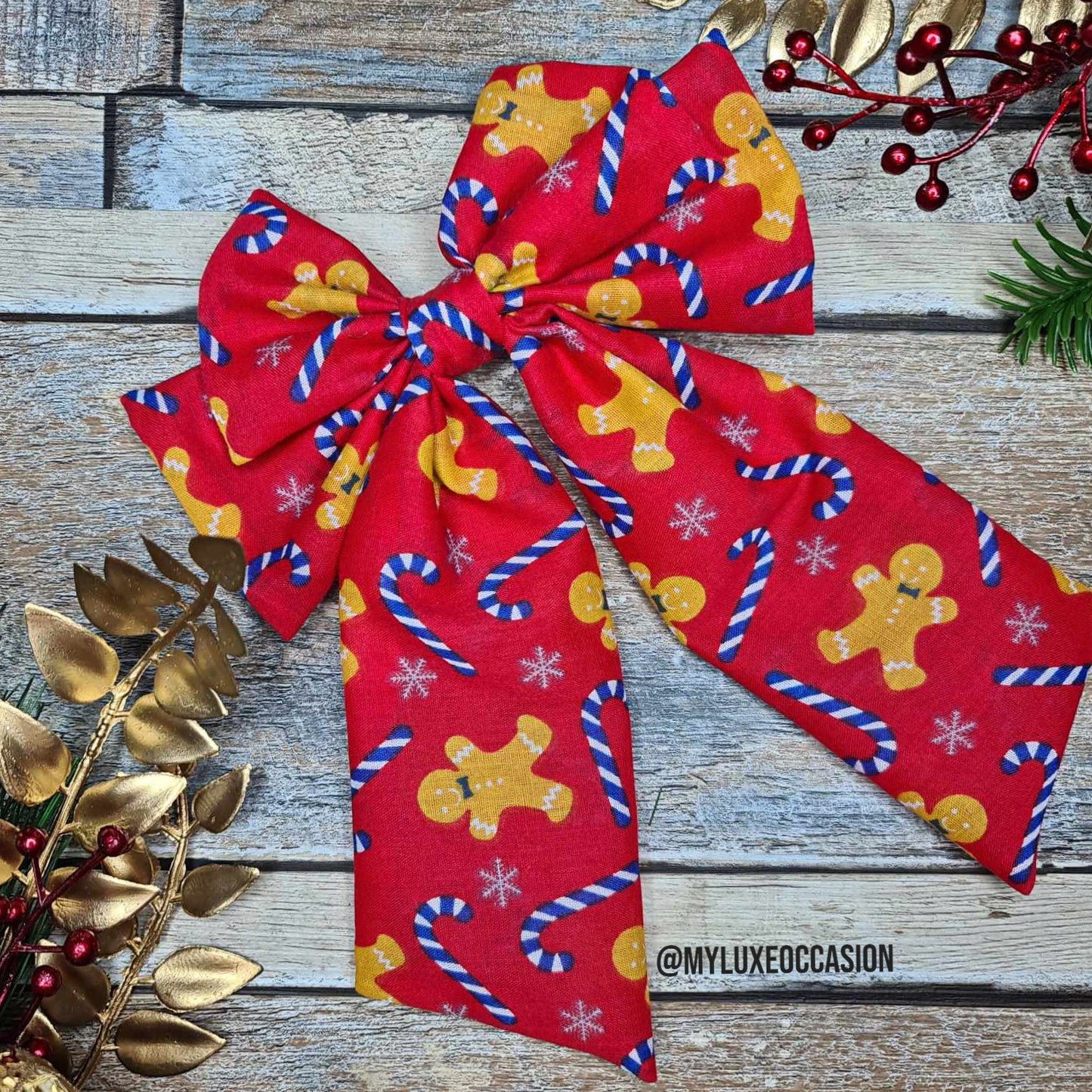 Gingerbread Man and Candy Canes - Red - Fabric Bow - Christmas