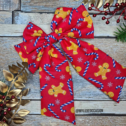 Gingerbread Man and Candy Canes - Red - Fabric Bow - Christmas