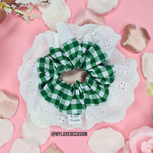 Green School Frilly Gingham Scrunchie