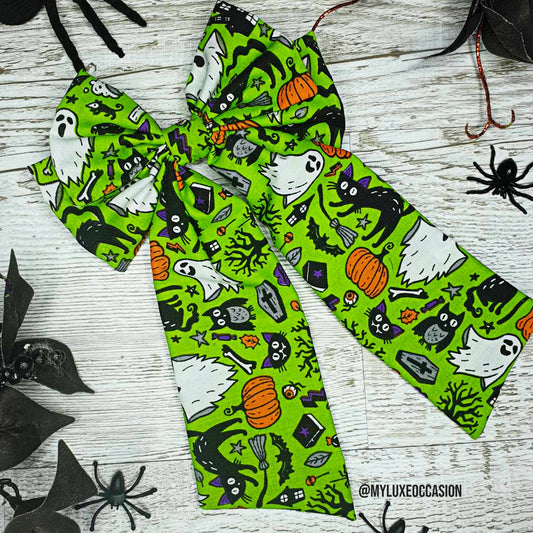 Lime Green Spooky Ghosts and Cats Halloween Bow