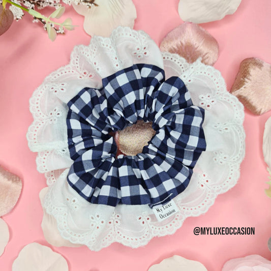 Navy School Frilly Gingham Scrunchie