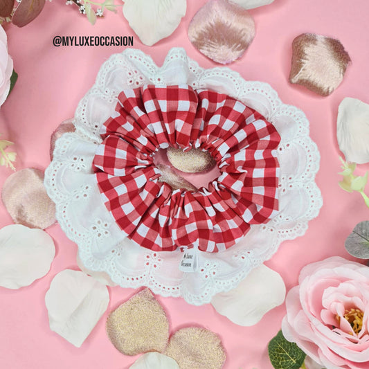 Red School Frilly Gingham Scrunchie