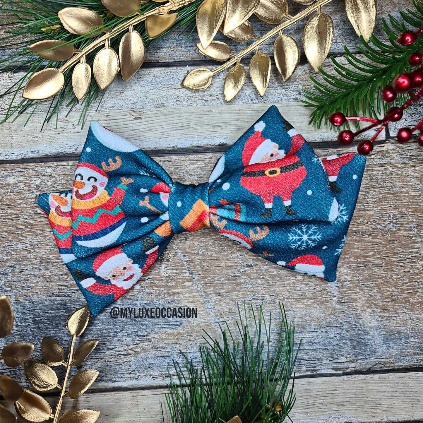 Snowman and Santa Teal Fabric Bow - Christmas - 2 Options