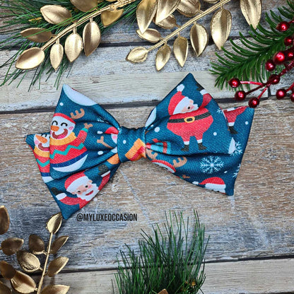 Snowman and Santa Teal Fabric Bow - Christmas - 2 Options