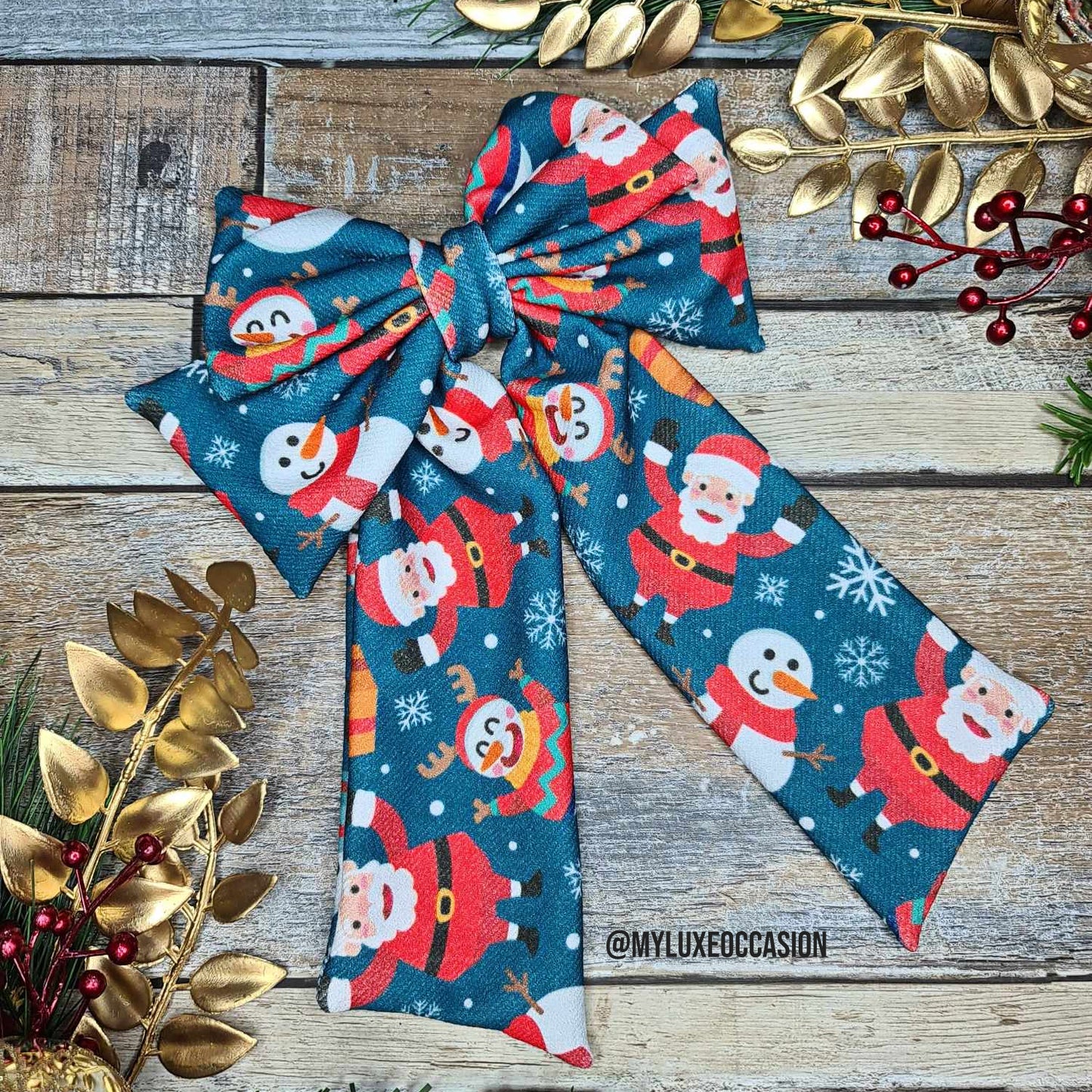 Snowman and Santa Teal Fabric Bow - Christmas - 2 Options