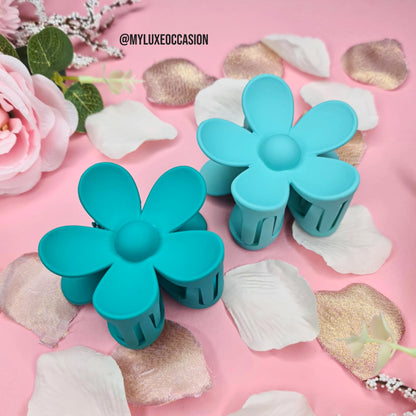 light teal and teal flower hair claw clips