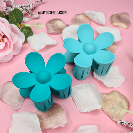 light teal and teal flower hair claw clips