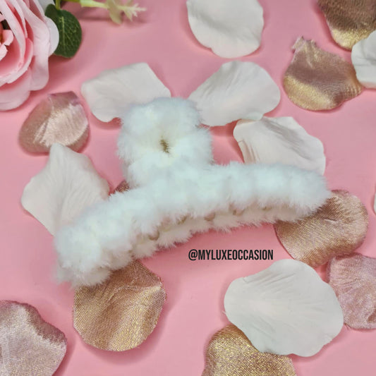 White Large Plush Hair Claw Clip