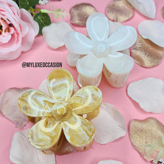 White or Beige Marble Large Flower Hair Claw Clips