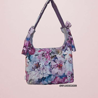 Purple Watercolour Floral Slouchy Bow Bag