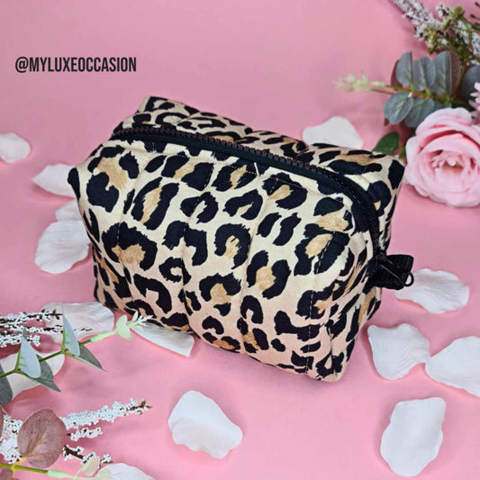 Brown Leopard Print - Quilted Makeup/ Toiletry Bag
