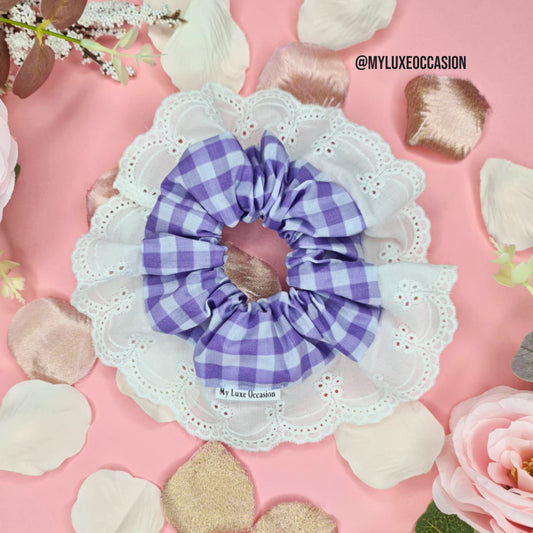 Lilac School Frilly Gingham Scrunchie