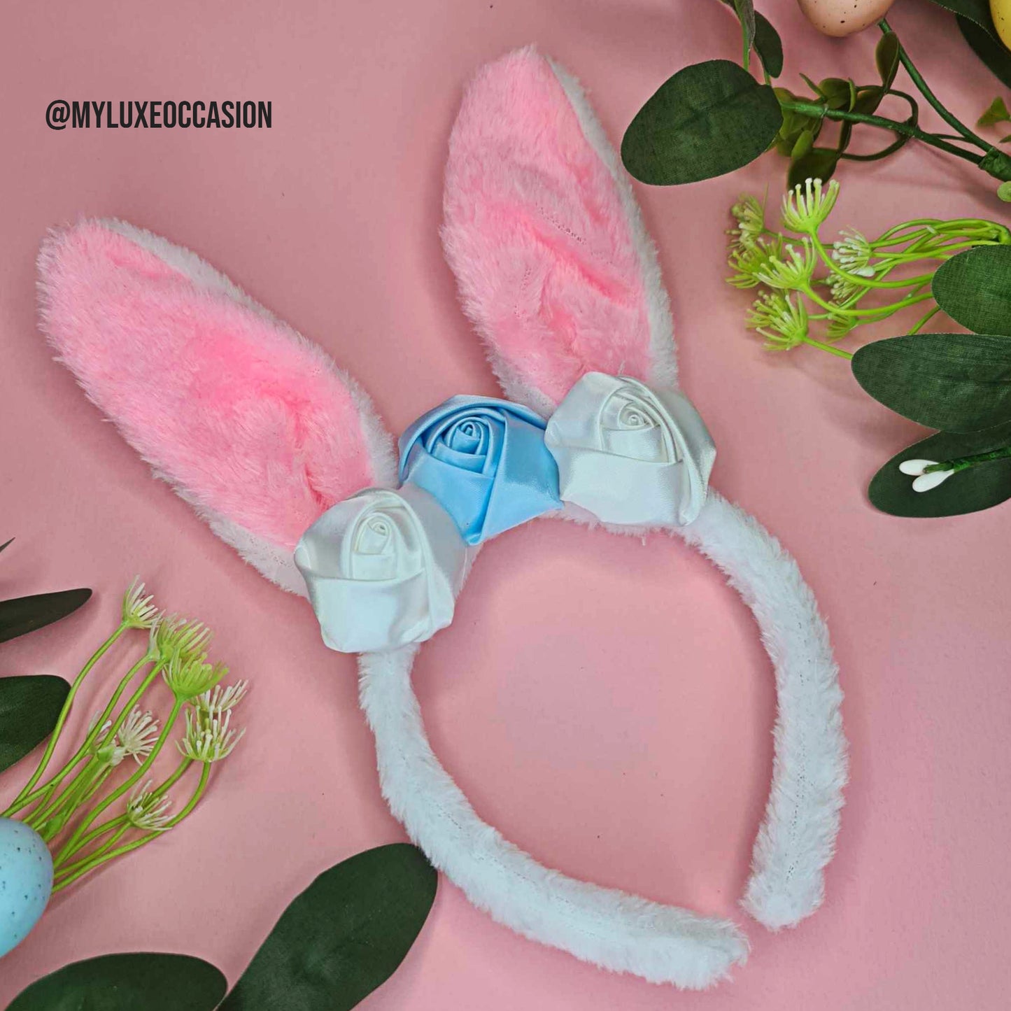 White and Blue Floral Easter Bunny Ears Headband
