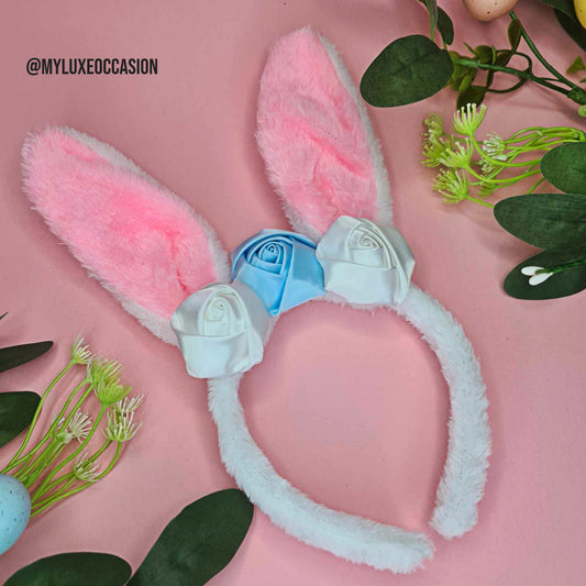 White and Blue Floral Easter Bunny Ears Headband