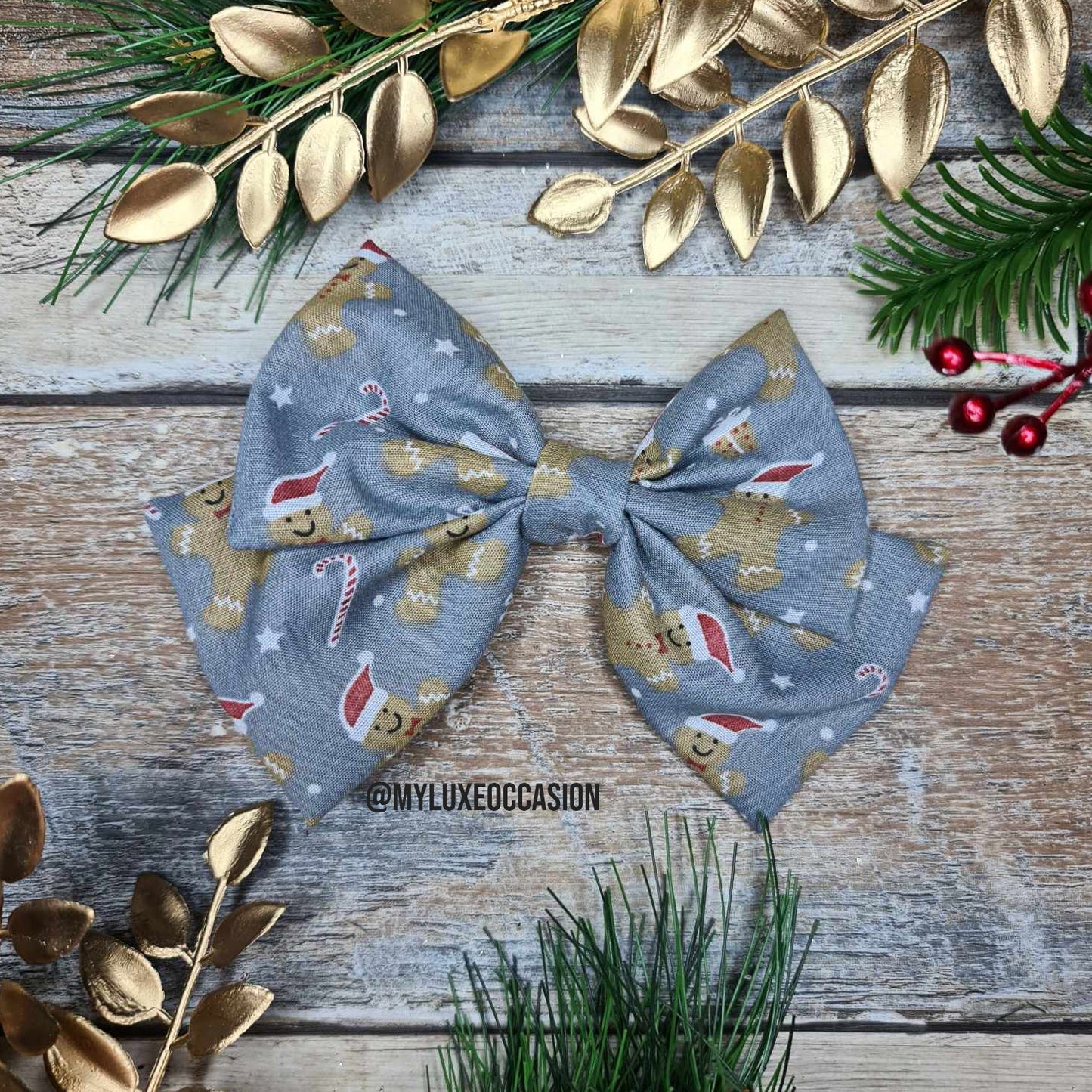 Christmas Gingerbread Man - Silver - Fabric Bow - Christmas