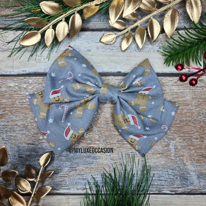 Christmas Gingerbread Man - Silver - Fabric Bow - Christmas